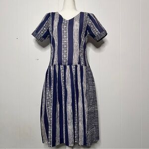 Vintage Blue and White Striped Dress Midi Length Coastal Summer Cotton Large